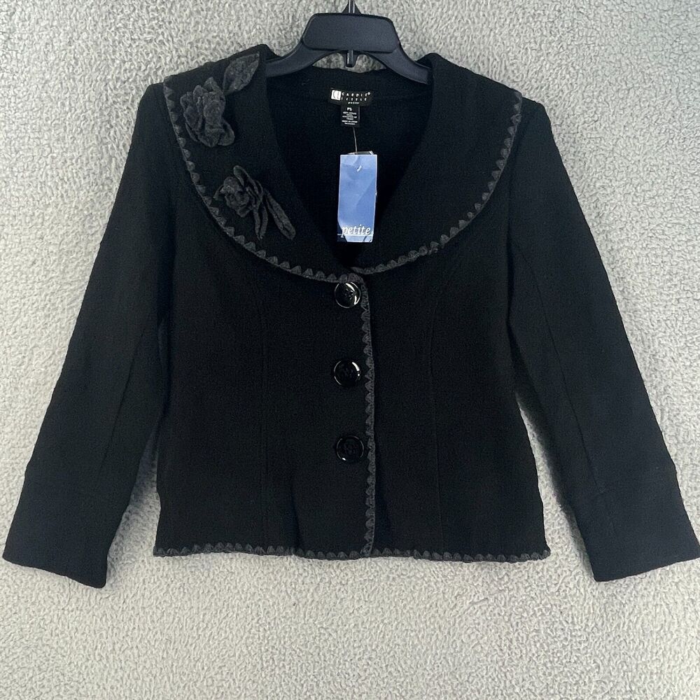 Carole Little Womens Blazer Cardigan Jacket Boiled Wool Boho Embroidered Black S